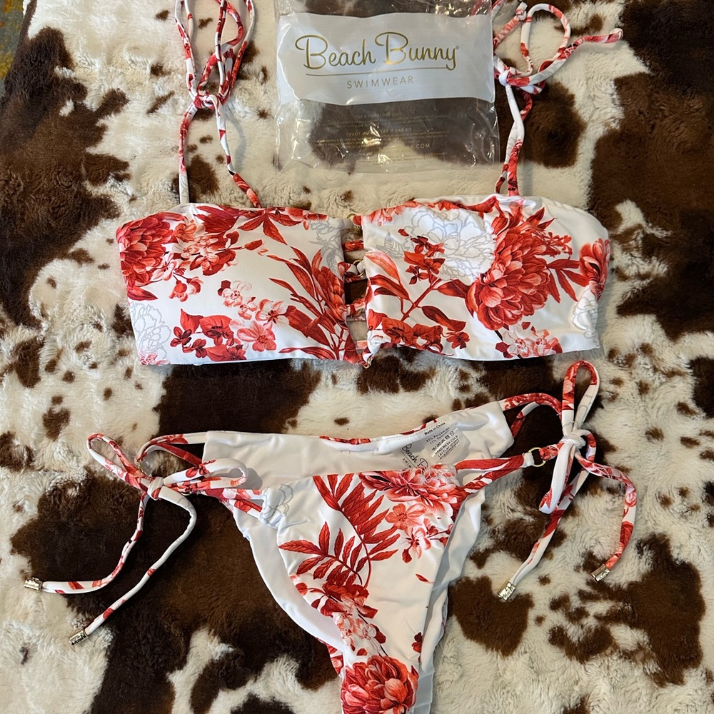 Beach Bunny White and Red Floral Bandeau Bikini